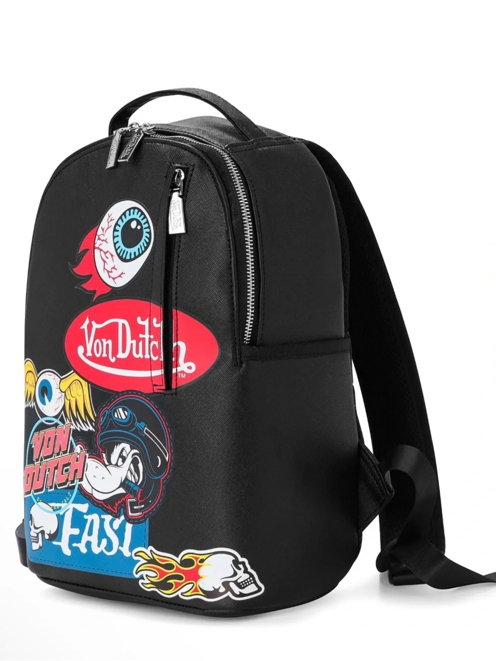 Von Dutch Black Mini Backpack with Multicolor Sticker Graphics
